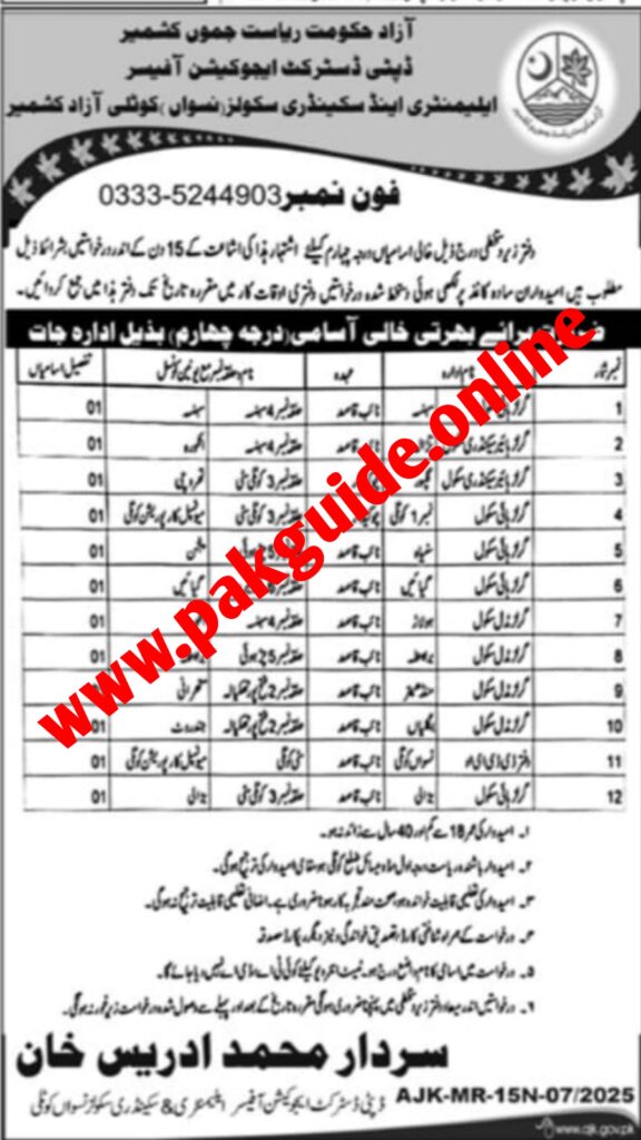 Kotli Govt Jobs 2025 – Apply for ESED Naib Qasid & Chowkidar Vacancies (Primary Pass Jobs AJK)