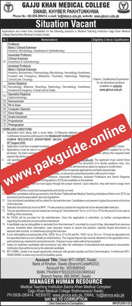 Gajju Khan Medical College GKMC Swabi Jobs 2025 – Apply Online for Teaching & Non-Teaching Posts