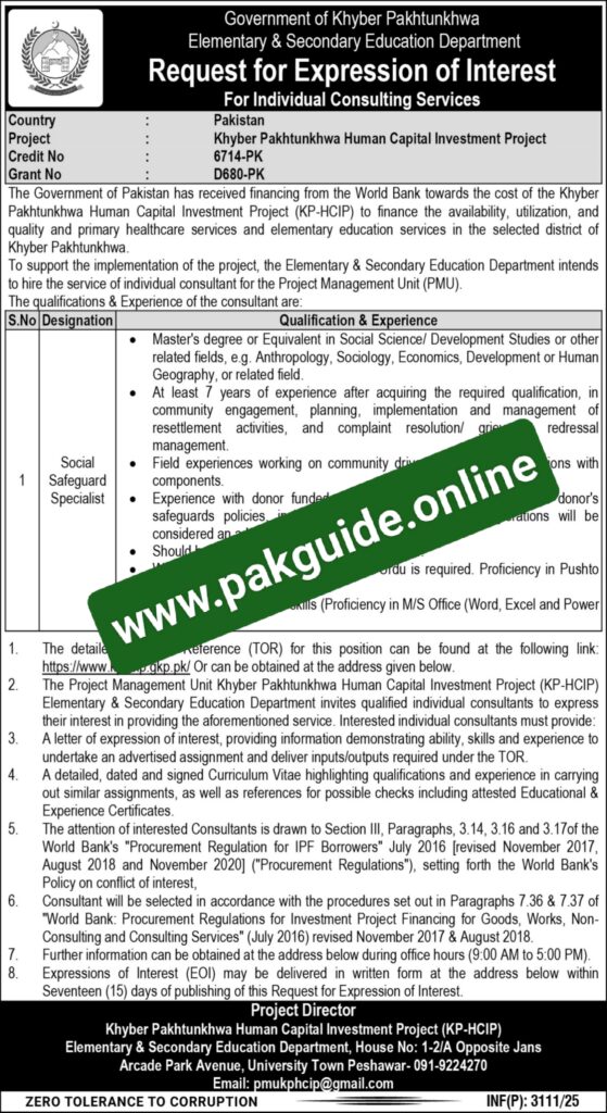 ESED KPK Jobs 2025—Exciting Govt Opportunity! Apply Online for Social Safeguard Specialist in Peshawar