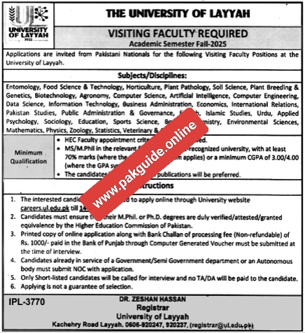 University of Layyah Jobs 2025 – Apply Online for Lecturer, Professor & Visiting Faculty Posts (Latest Govt Education Jobs)