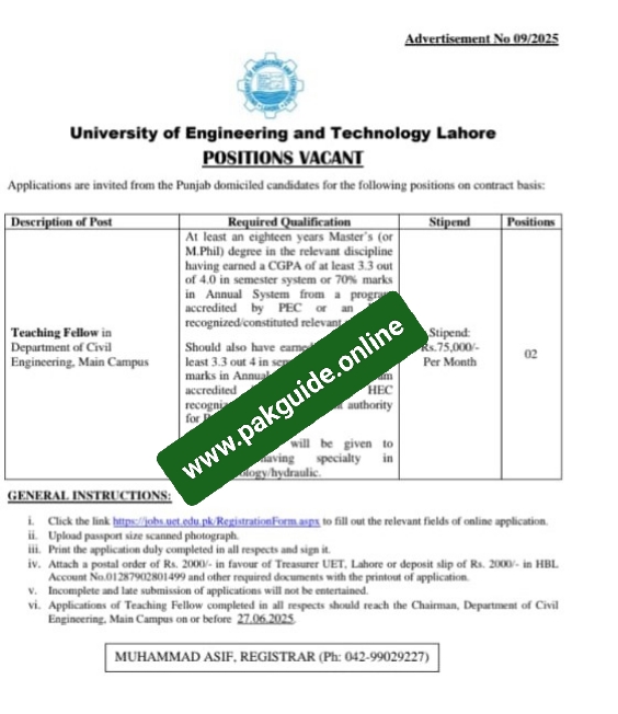 UET Lahore Jobs 2025 – Teaching Fellow & Assistant Vacancies | Apply Online